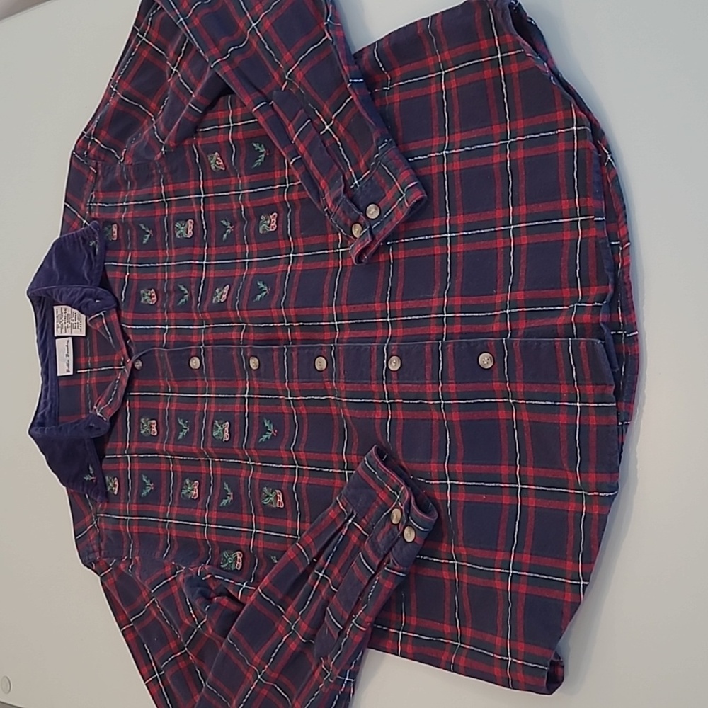 EUC VTG Bobbie Brooks Plaid Navy/red Holiday Themed Button-front Flannel Blouse
